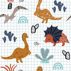Kindisches nahtloses Muster mit handgezeichnetem Dino, Palmen und Kakteen im skandinavischen Stil. Kreativer Vektor kindischer Hintergrund für Stoff, Textil