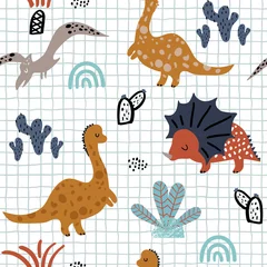 Wall murals Scandinavian style Childish seamless pattern with hand drawn dino, palm trees and cactuses in scandinavian style. Creative vector childish background for fabric, textile