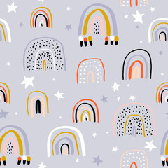 Kindisches nahtloses Muster mit kreativen Regenbögen, Sternen. Trendiger Kindervektorhintergrund. Perfekt für Kinderbekleidung, Stoffe, Textilien