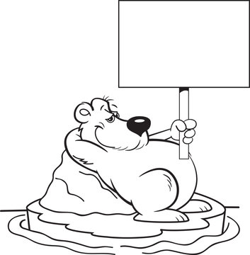 Black and white illustration of a polar bear laying on an iceberg while holding a sign.