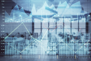 Stock and bond market graph with trading desk bank office interior on background. Multi exposure. Concept of financial analysis