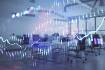 Stock and bond market graph with trading desk bank office interior on background. Multi exposure. Concept of financial analysis