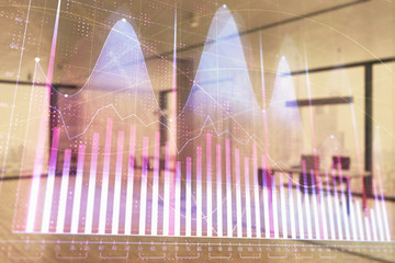 Stock and bond market graph with trading desk bank office interior on background. Multi exposure. Concept of financial analysis