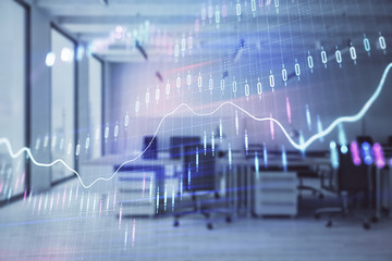 Stock and bond market graph with trading desk bank office interior on background. Multi exposure. Concept of financial analysis
