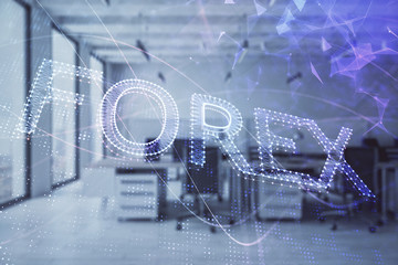 Stock and bond market graph with trading desk bank office interior on background. Multi exposure. Concept of financial analysis