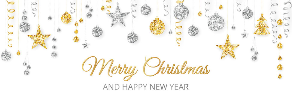 Merry Christmas banner with gold and silver decoration on white background