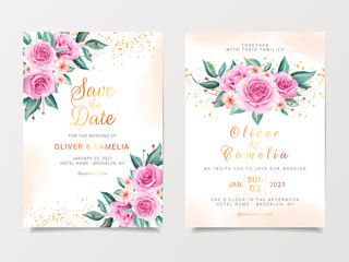 Beautiful wedding invitation card template set with watercolor flowers bouquet and gold glitter. Roses and leaves botanic illustration for background, save the date, invitation, greeting card, poster