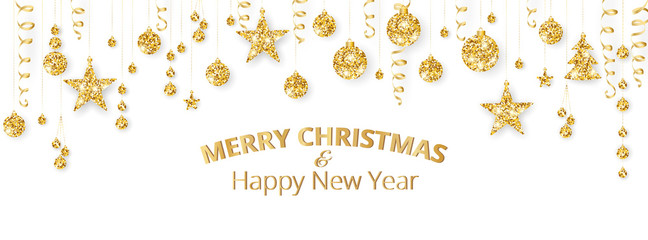 Fototapeta na wymiar Merry Christmas banner with gold decoration on white background