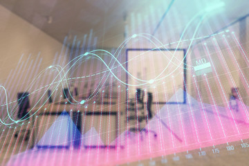 Stock market chart with trading desk bank office interior on background. Double exposure. Concept of financial analysis