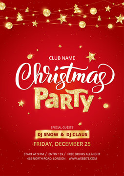 Christmas party poster template. Golden ornaments decoration.