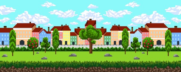 Seamless pattern of pixel city background vector illustration. Nice houses in summer landscape with green trees and blue sky for adventure game on 8-bit platform flat style concept