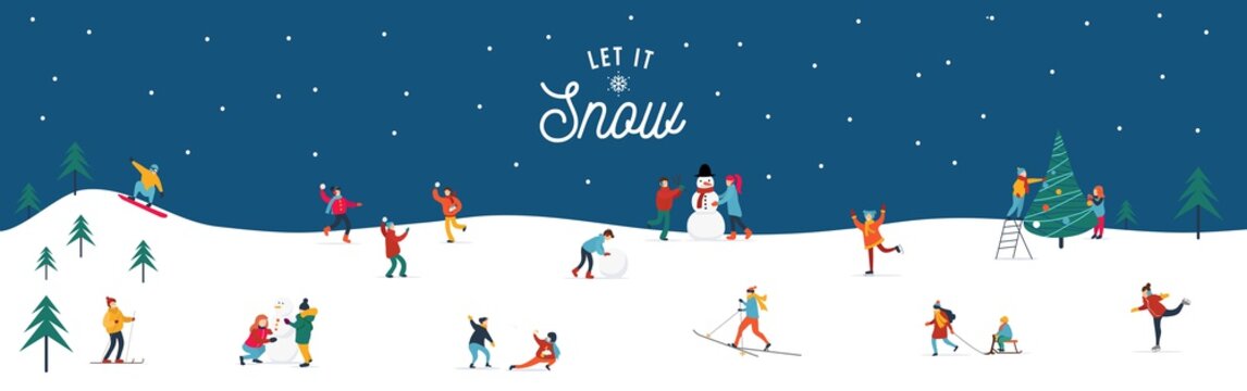 Let it snow happy people performing activities poster vector illustration. Young female and male characters enjoying snowflakes in park flat style design. Happy holidays concept