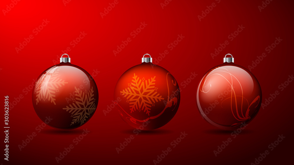 Aufkleber set of three red 3d christmas balls with snowflake pattern and shadows on a red background. vector i