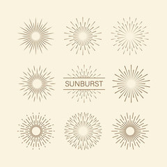 Sunburst set gold style isolated on background for logotype, emblem, logo, tag. Firework explosion, star. Vector stock illustration.