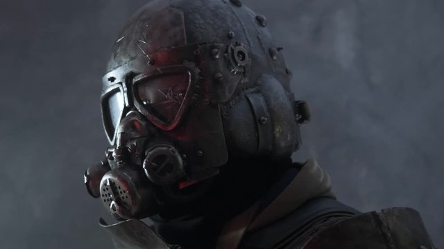 Close up video shooting of post apocalypse warrior in protective helmet.
