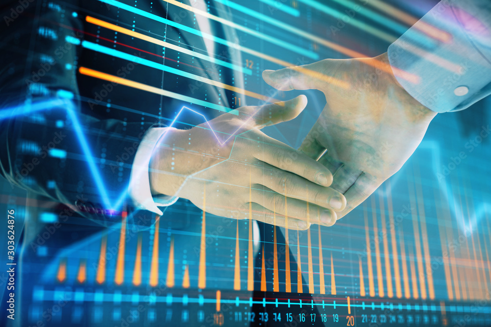 Poster multi exposure of forex graph on abstract background with two businessmen handshake. concept of succ