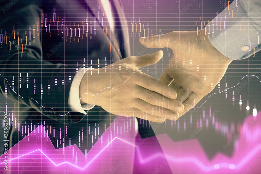 Poster multi exposure of forex graph on abstract background with two businessmen handshake. concept of succ