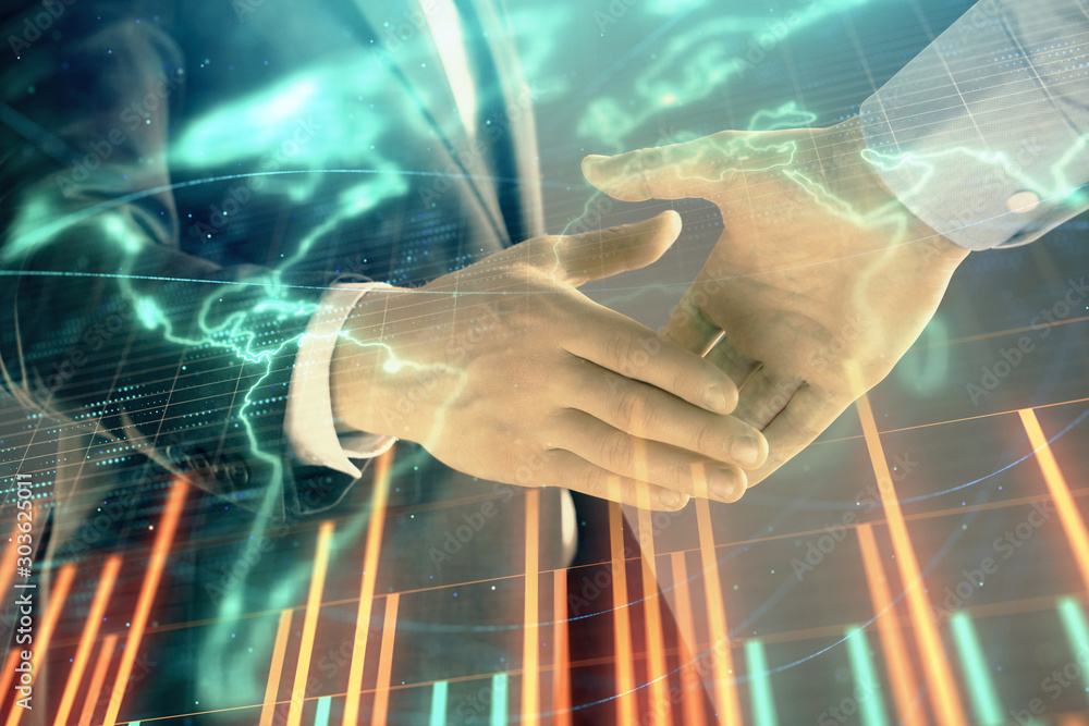 Aufkleber multi exposure of forex graph and world map on abstract background with two businessmen handshake. c