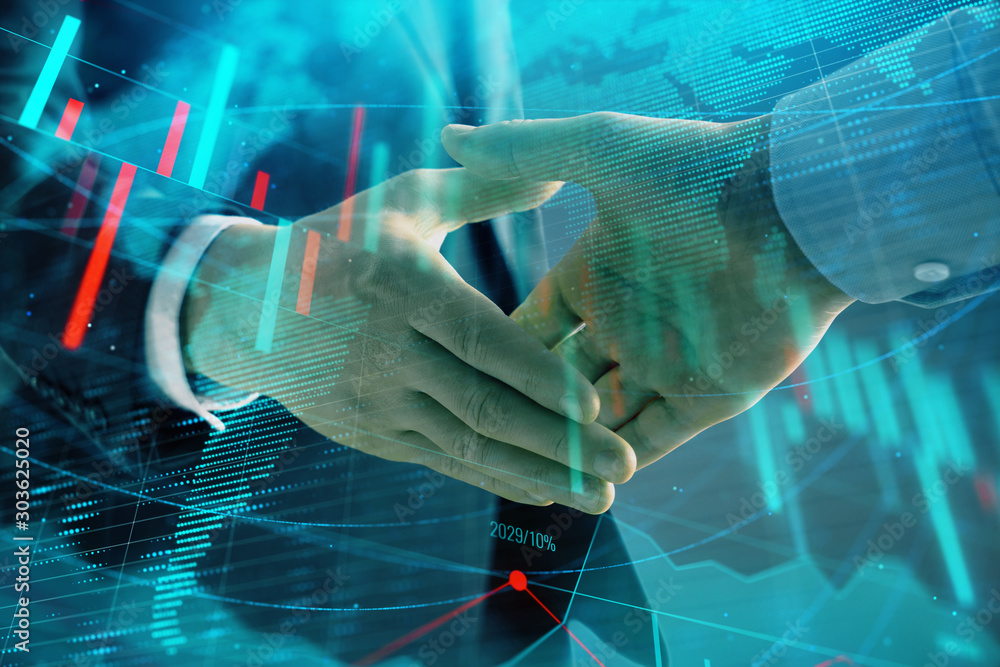 Aufkleber multi exposure of forex graph and world map on abstract background with two businessmen handshake. c