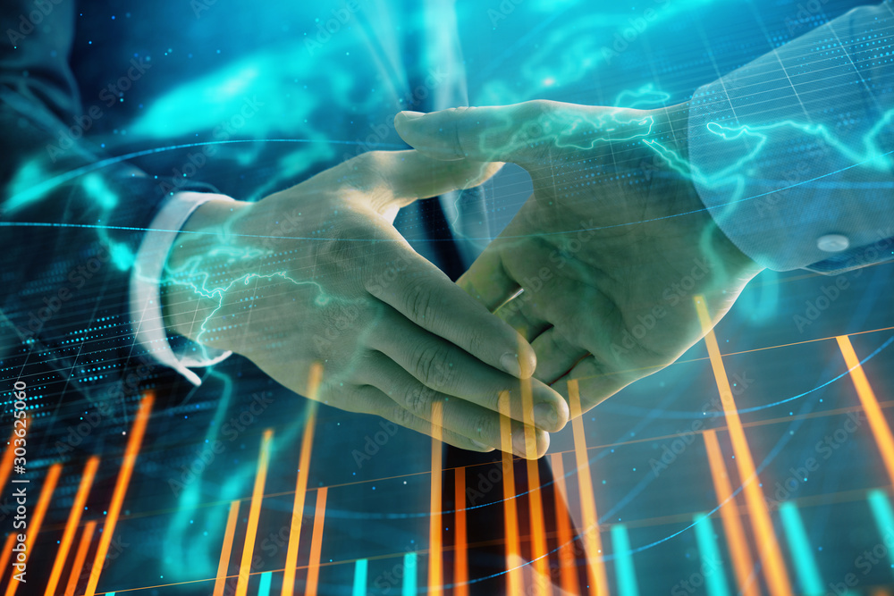Poster multi exposure of forex graph and world map on abstract background with two businessmen handshake. c