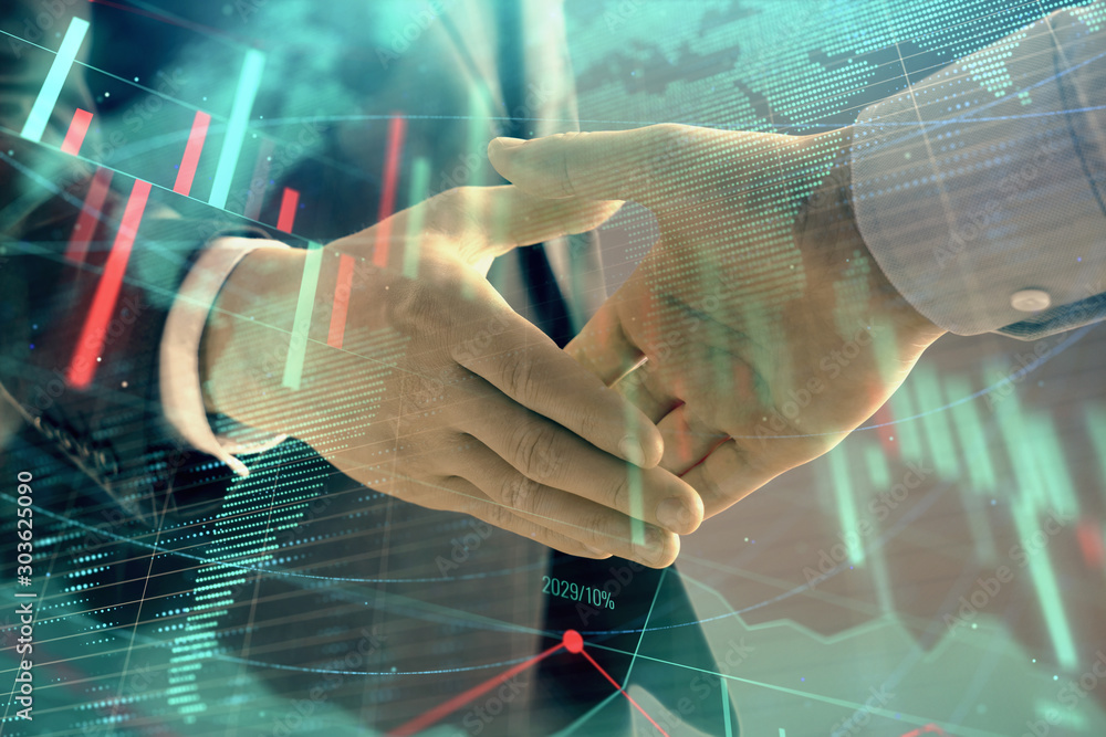 Poster multi exposure of forex graph and world map on abstract background with two businessmen handshake. c