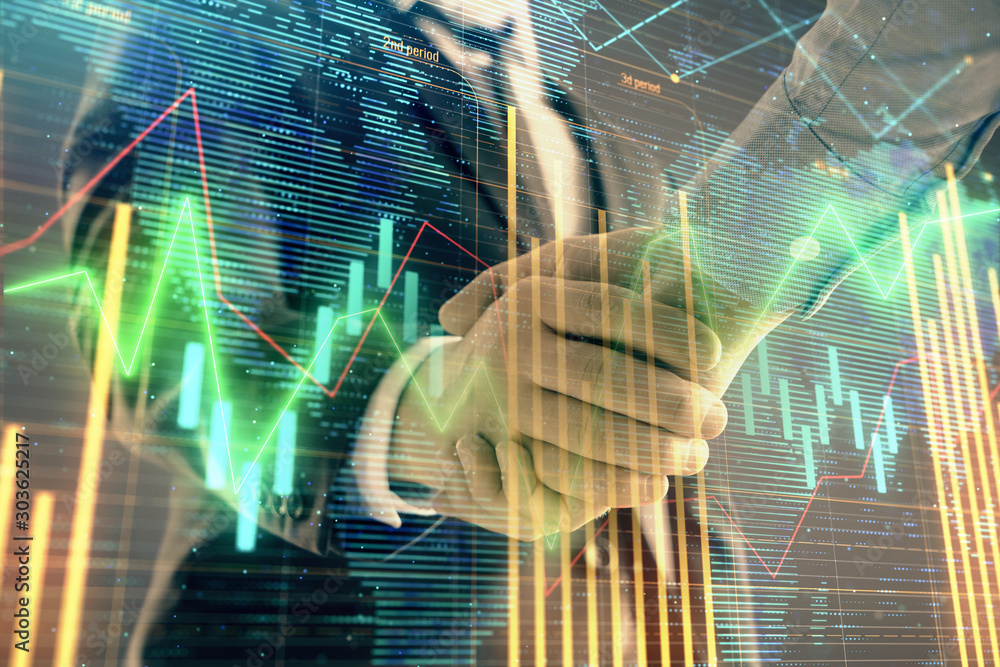 Aufkleber multi exposure of forex graph and world map on abstract background with two businessmen handshake. c