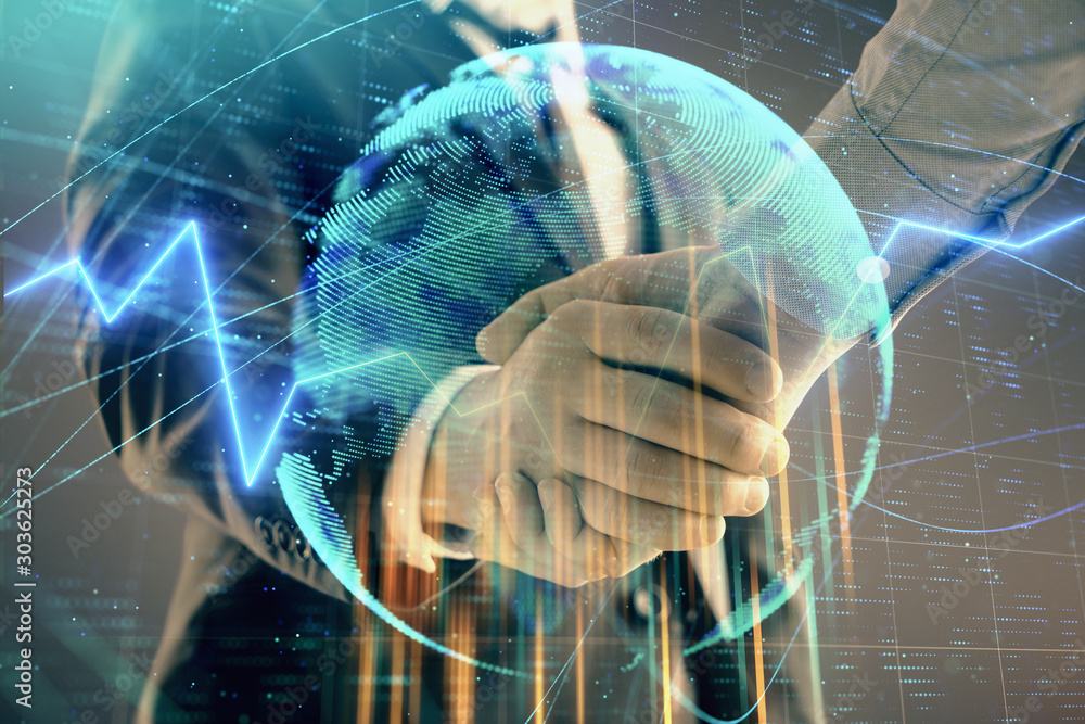 Aufkleber multi exposure of forex graph and world map on abstract background with two businessmen handshake. c