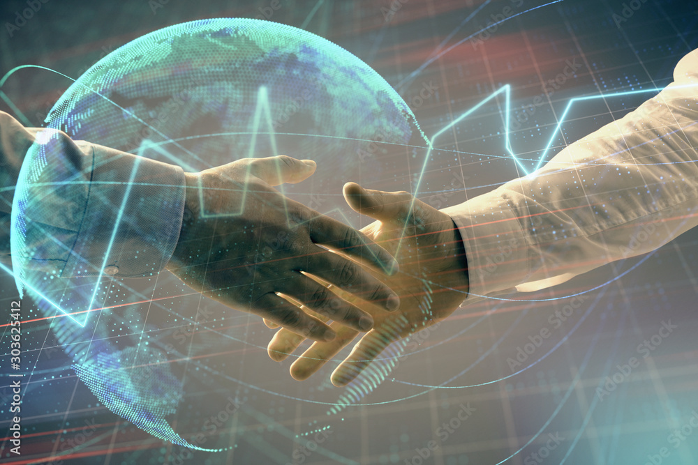 Aufkleber multi exposure of forex graph and world map on abstract background with two businessmen handshake. c