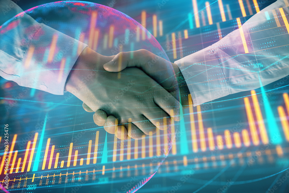 Poster multi exposure of forex graph and world map on abstract background with two businessmen handshake. c