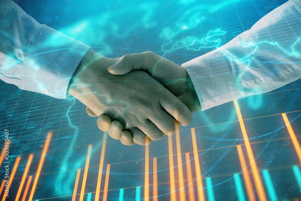 Aufkleber multi exposure of forex graph and world map on abstract background with two businessmen handshake. c