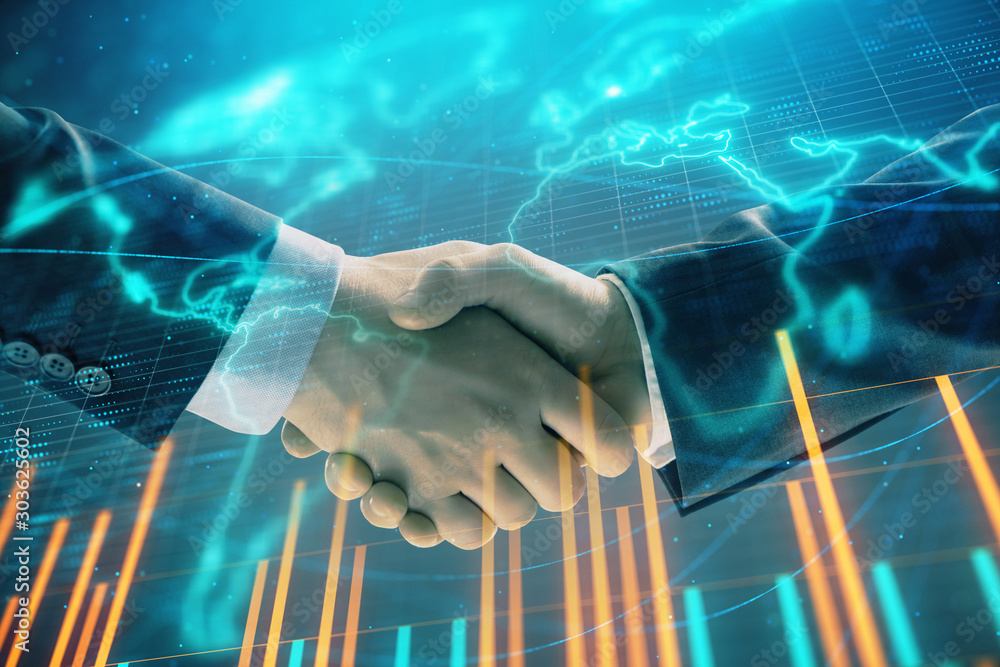 Aufkleber multi exposure of forex graph and world map on abstract background with two businessmen handshake. c