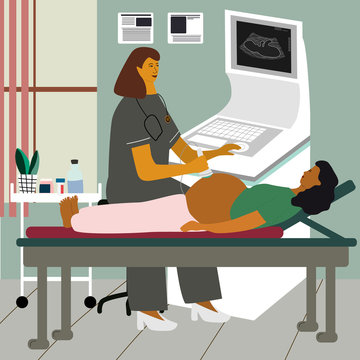 Pregnancy ultrasound examination. Doctor or gynecologist monitoring and examining a pregnant woman at ultrasonography procedure at clinic. Flat vector illustration.
