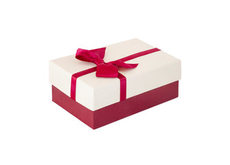 Red and white present box with red ribbon isolated on white background with clipping path, gift box for Christmas, new year, valentine day or anniversary concept