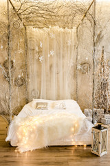 New Year design interior of beautiful bed room in gray tones. Traditional winter holidays Christmas / New Year.