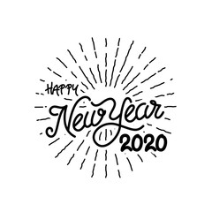 Vintage Festive Happy 2020 New Year Lettering Design with Sun Burst Graphic