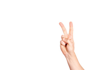 Man hand victory sign gesture isolated on white background. Victory, peace, V sign.