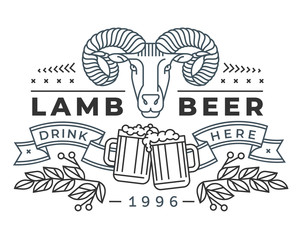 Emblem, badge with a RAM head in the style of linear engraving, armorial symbols, coat of arms, heraldry. The head of a RAM symbolizes a delicious meat dish of a restaurant or tavern, beer mugs, beer