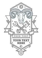 Emblem, badge with ram head in style of linear engravings, armorial symbols, Coat of arms, heraldry. Head of RAM among tools, swords, shovels, guns symbolizes men's Hobbies: hunting, travel, tourism.