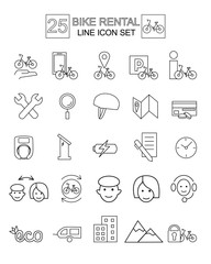 Bike rental thin line icons set of support, helmet, repair, charging station, location map with pin, smart padlock and customers using public eco transport. Vector ullustration