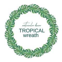 Tropical watercolor wreath on white background for wedding decor and design.