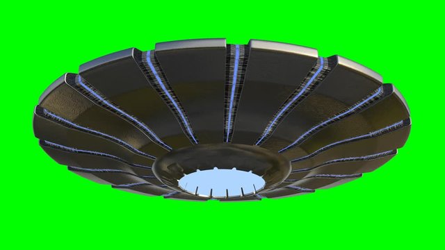 UFO, rotating flying saucer with extraterrestrial visitors,  alien spaceship isolated on green screen background, 4k loop