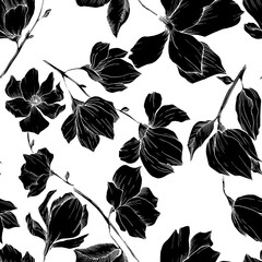 Vector Magnolia floral botanical flowers. Black and white engraved ink art. Seamless background pattern.