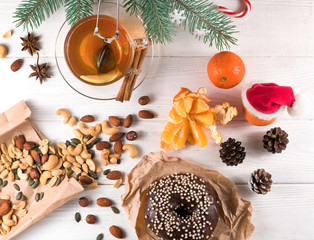 sugar donut and tea on white background