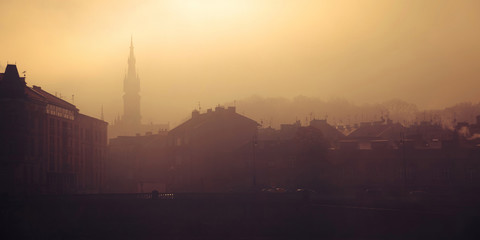 Fototapeta na wymiar Morning panorama of misty Krakow. Poland.