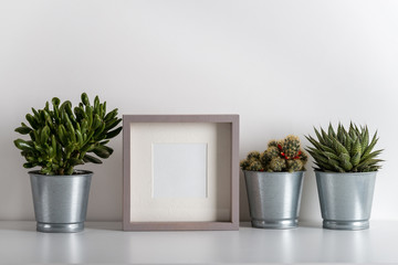 mock up made from photo frame in scandinavian minimalist interior with succulents