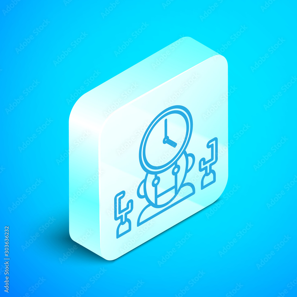 Poster isometric line robot and digital time manager icon isolated on blue background. time management assi