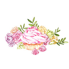 Watercolor cake hand painted illustration isolated on white background. Watercolor sweets collection. Perfect for cards, prints, invitations, birthday cards. The romantic image with cakes and pink