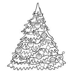 Drawing of outline vintage fir tree with garland and ornate Christmas balls in black isolated on white background.