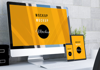 Desk with Multiple Devices Mockup