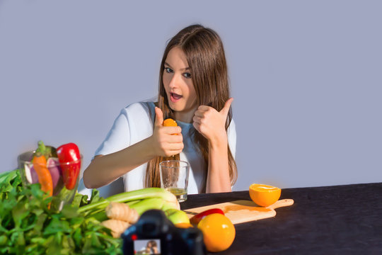 Teenage blogger talks to followers about the advantages of eating organic fruit and vegetables. Concept of communication to adolescents by a young influenzer of the benefits on well-being due to healt
